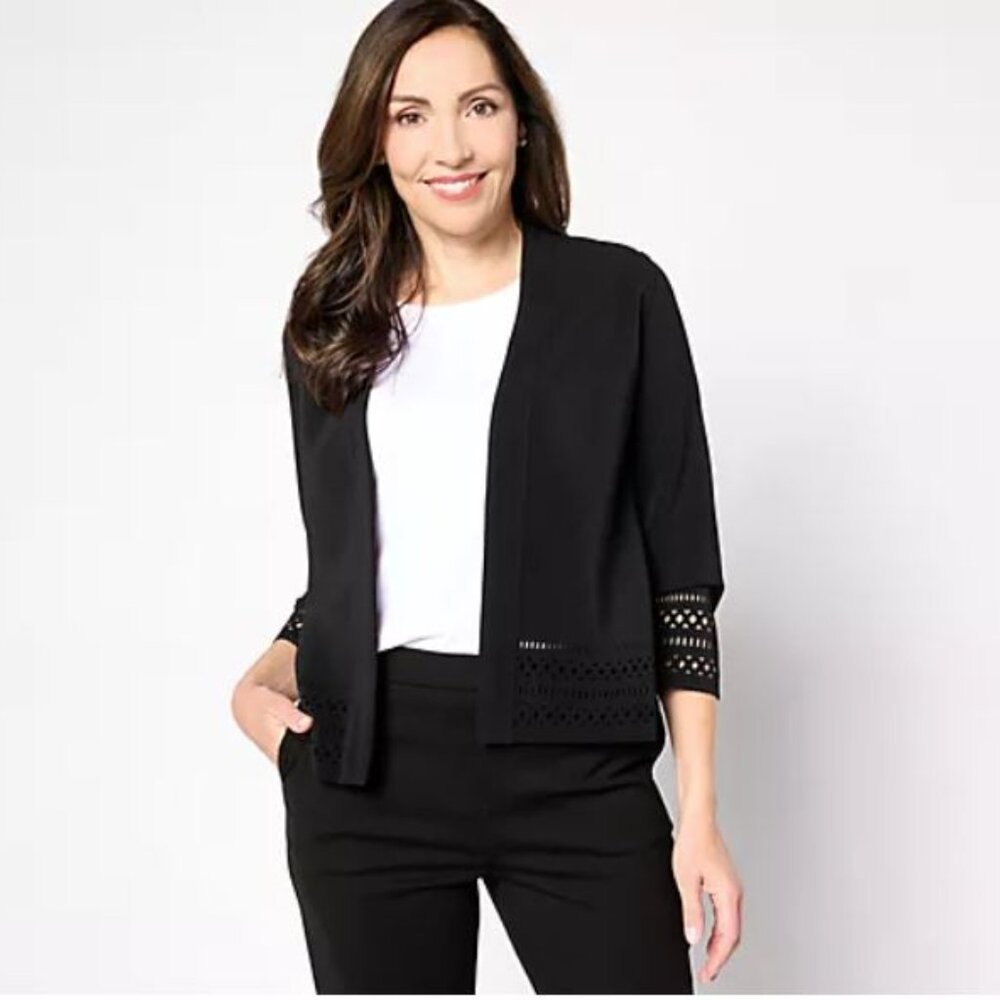 Susan Graver LK Fusion Open Front Cardigan with Laser-Cut Border-Black-Medium